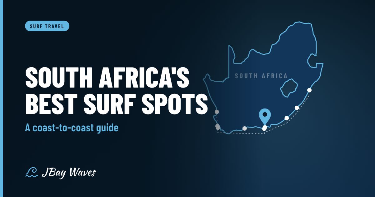 Illustration of the South African coastline with surf spots marked along a dotted coastal route and Jeffreys Bay highlighted