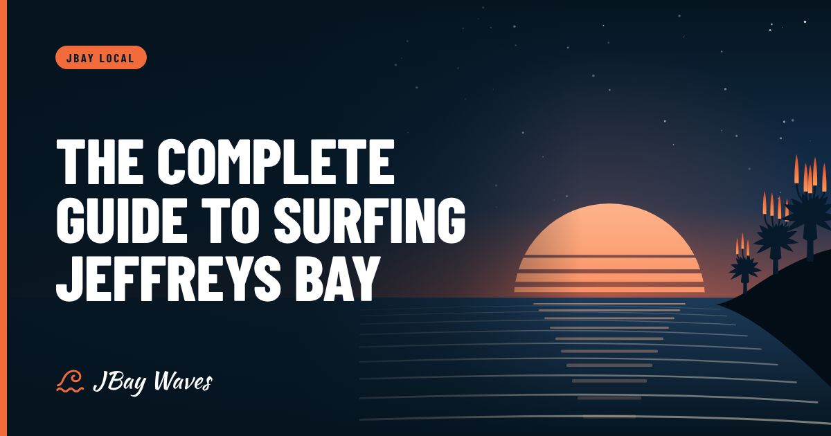 Illustration of the sun rising over Jeffreys Bay, with lines of swell wrapping around a headland lined with flowering aloes